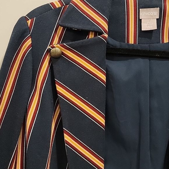 Chico’s Striped Twill Ponte Blazer Jacket Navy Red Yellow Gold | Size 1P (8P) - Picture 3 of 8